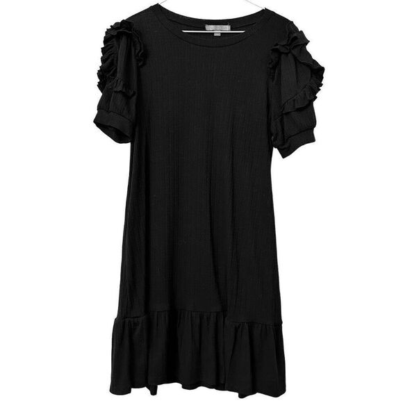 Juniors Good Luck Gem Ruffle Puffed Sleeve Tiered Ribbed Drop Hem Shift Dress Bl - Picture 1 of 4